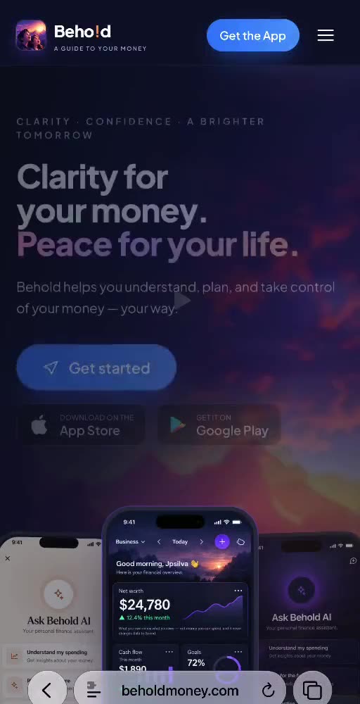 The Behold Money marketing site, showing the app on a phone beneath the headline "Clarity for your money"