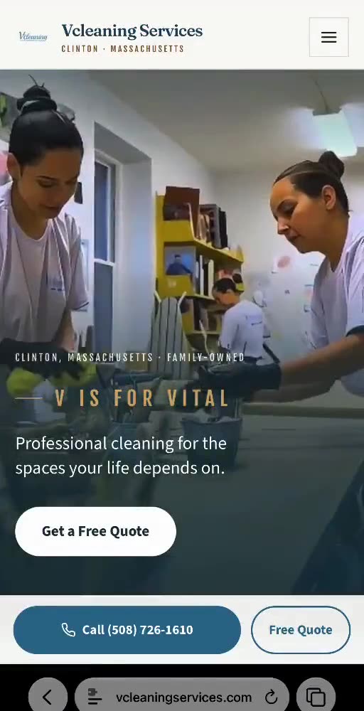 The V Cleaning Services homepage, showing the "V is for Vital" hero over a photograph of the cleaning team